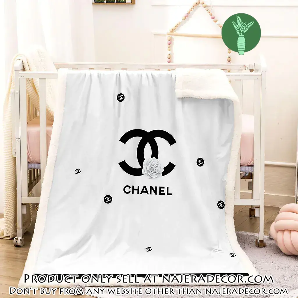Chanel white roses black logo luxury brand premium blanket fleece home decor njr1959432